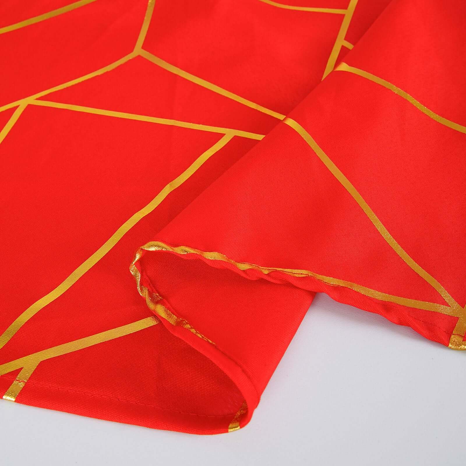 Polyester 120" Round Tablecloth Red with Gold Foil Geometric Pattern Wrinkle-Resistant Seamless Table Cover