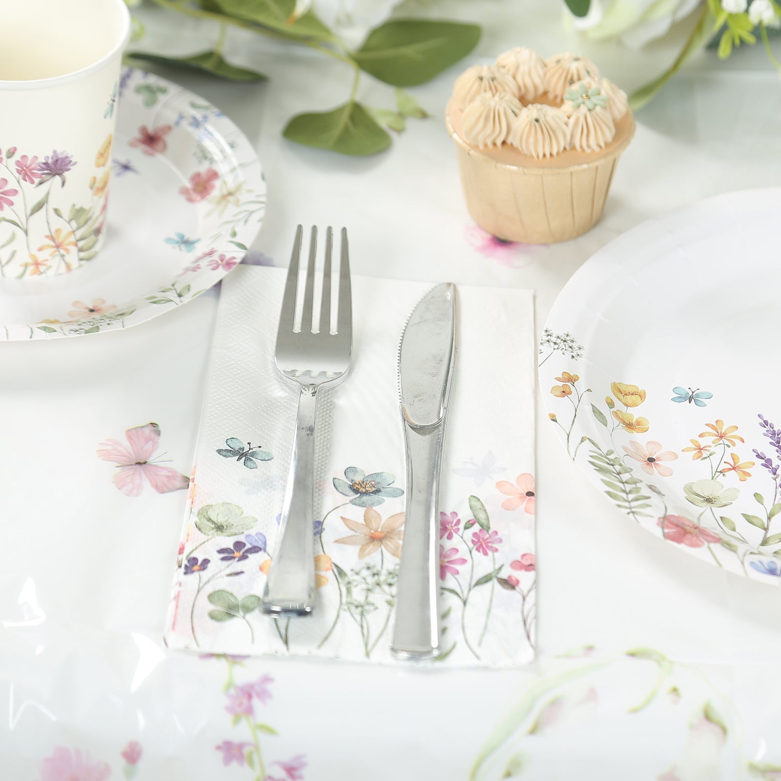 50-Pack Paper Dinner Napkins Wildflower Butterfly Design 2 Ply - Soft Disposable Napkins for Parties 8"x4"