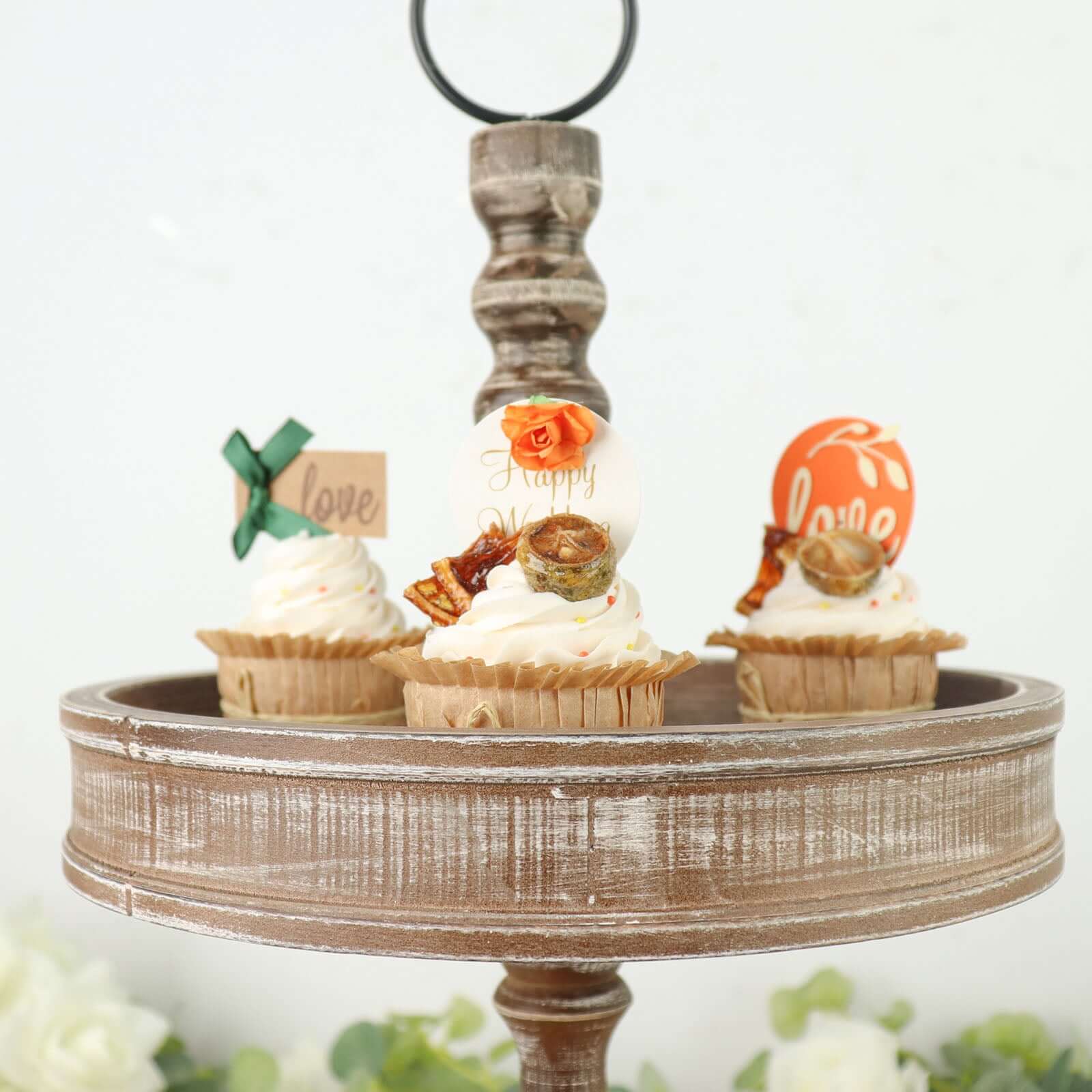2-Tier Wooden Serving Tray Stand Rustic Brown Design - Farmhouse Style Cupcake Display 20"