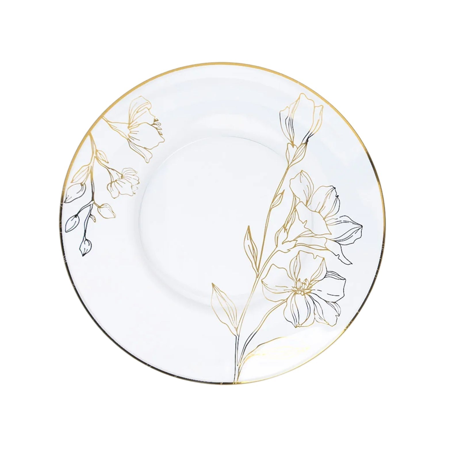 Set of 20 Plastic Round Dinner and Dessert Plates in Clear with Metallic Gold Floral Design - Stylish Disposable Dinnerware 8", 10"