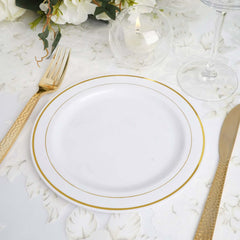 10-Pack Plastic Dessert Plates White with Très Chic Gold Rim - Disposable Plates for Parties 8"