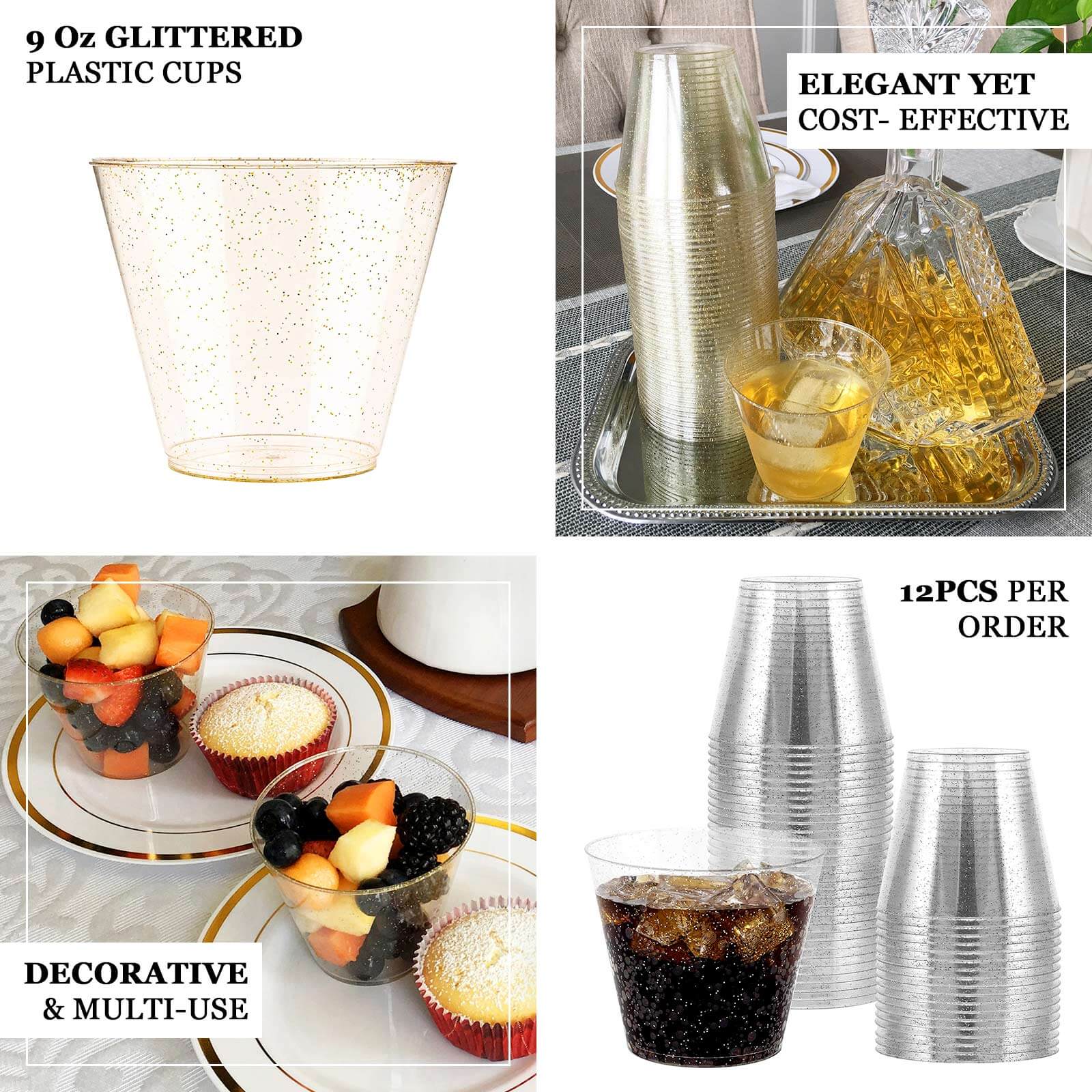 12-Pack Plastic Party Glasses Blush Glittered - Stylish Disposable Cups for Parties 9oz
