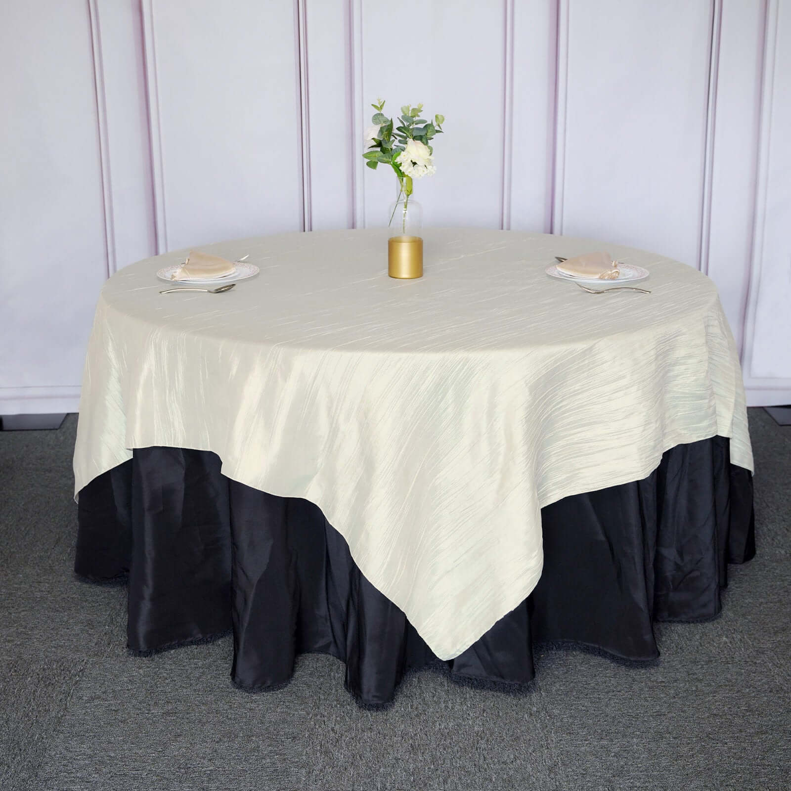 Taffeta 90"x90" Table Overlay Square Tablecloth Ivory - Accordion Crinkle Table Cover