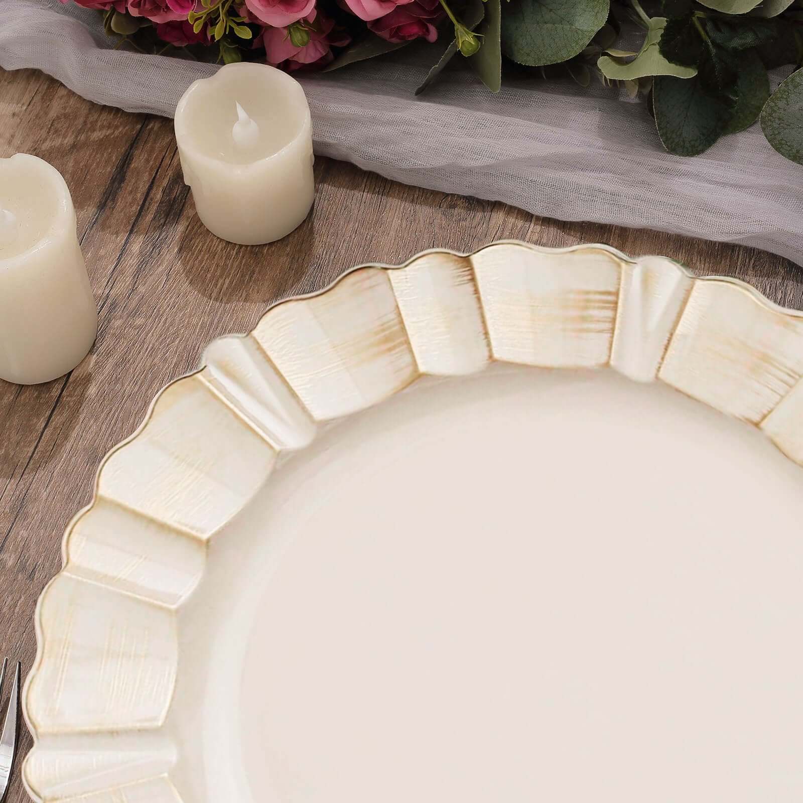 6-Pack Acrylic Plastic Round Charger Plates 13" in Beige with Gold Brushed Wavy Scalloped Rim, Decorative Dinner Party Charger Tableware