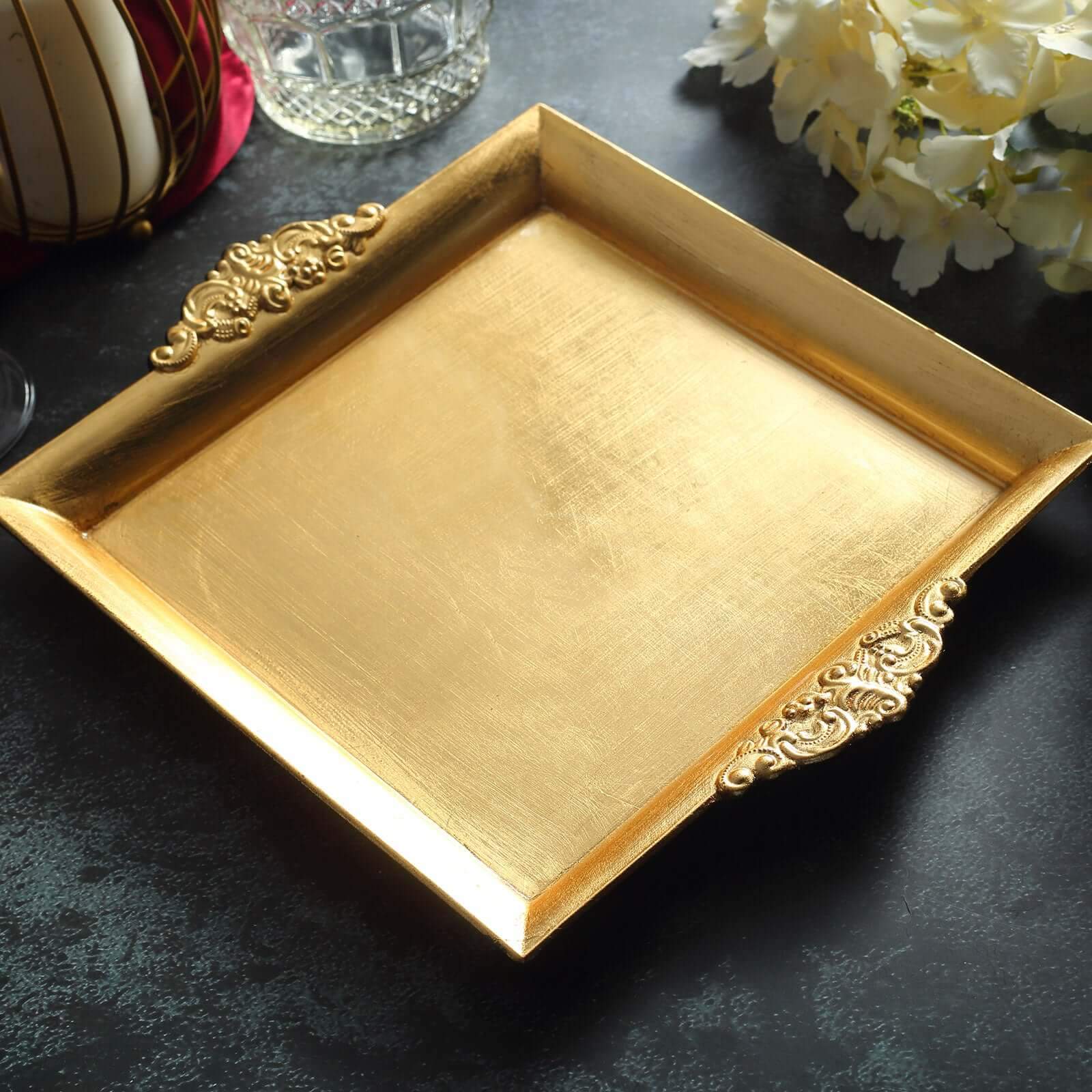 2-Pack Acrylic Square Serving Trays 10" in Metallic Gold with Embossed Handles, Decorative Dinner Party Food Platters