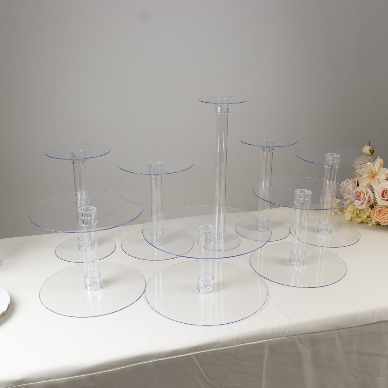 8-Tier Acrylic Cake Stand Set Clear - Sturdy & Lightweight Cupcake Holder Dessert Pedestal Centerpiece Risers in Assorted Sizes for Modern Minimalist Buffet Party Tables