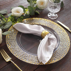 6-Pack Acrylic Round Charger Plates 13" in Clear with Gold Hammered Rim, Decorative Plastic Charger Tableware