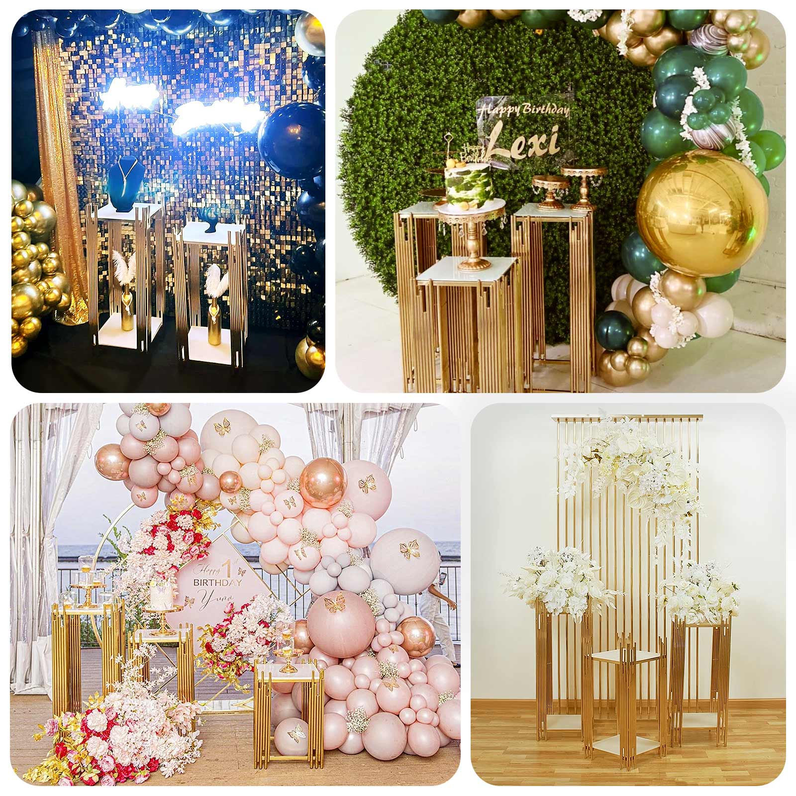 Set of 3 Wedding Pedestal Stands Square Acrylic Plate Design Gold - Metal Flower Display Plinths 26",30",34"