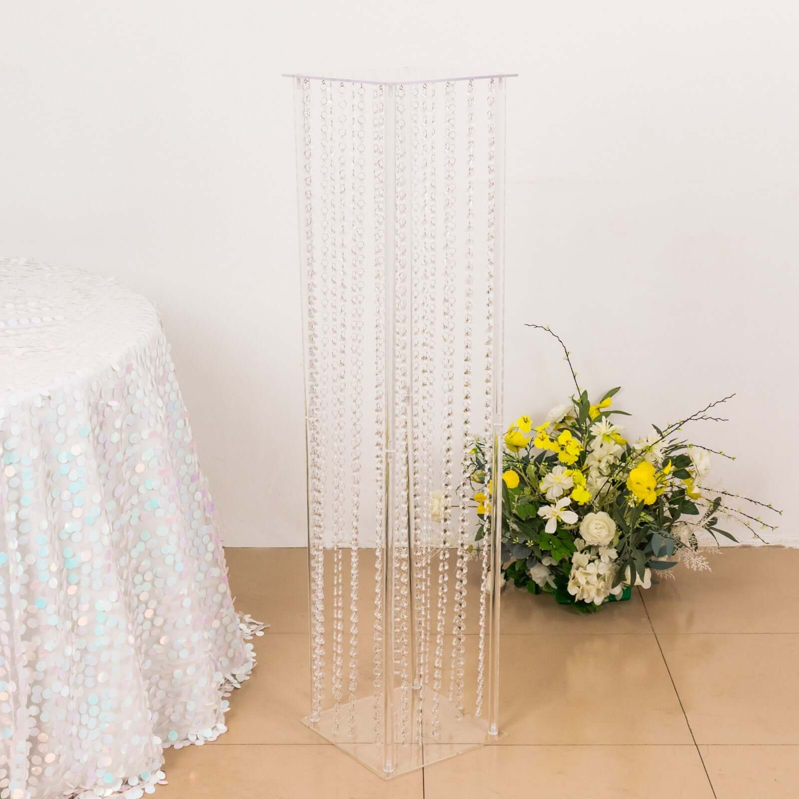 Acrylic Flower Pedestal Vase Pillar Stand with Crystal Beads Clear - Durable Wedding Floor Centerpiece for Large Displays 48"
