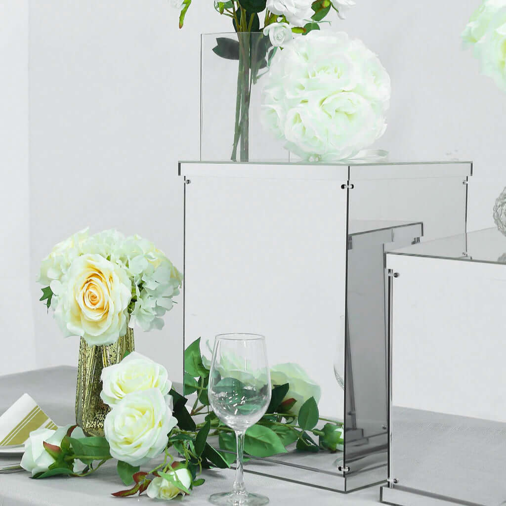 Set of 5 Silver Mirror Finish Acrylic Display Boxes, Pedestal Risers with Interchangeable Lid and Base - 12",16",24",32",40"