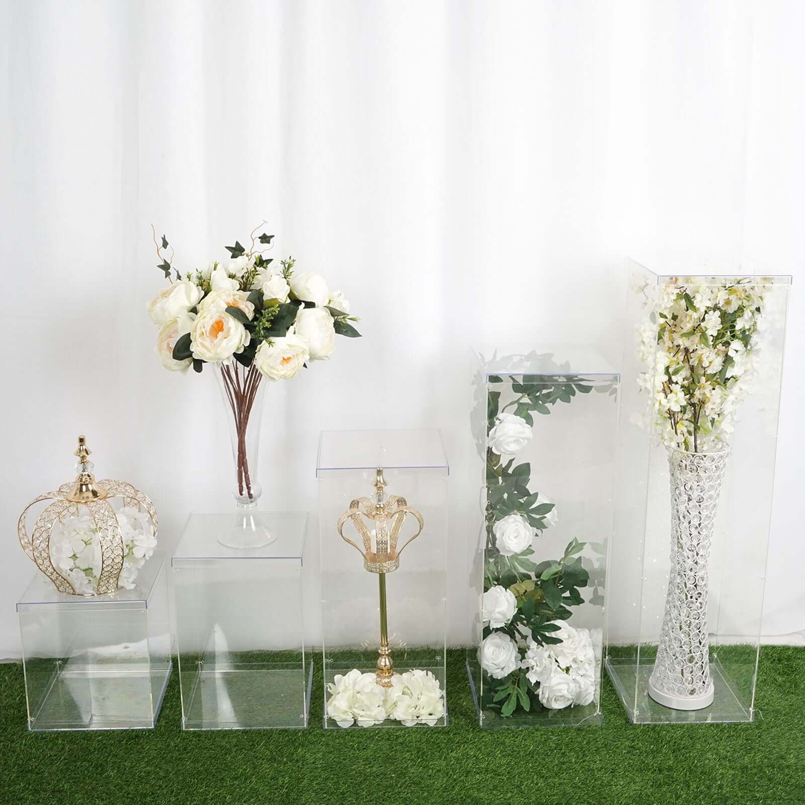 Set of 5 Clear Acrylic Display Boxes, Transparent Pedestal Risers with Interchangeable Lid and Base - 12",16",24",32",40"