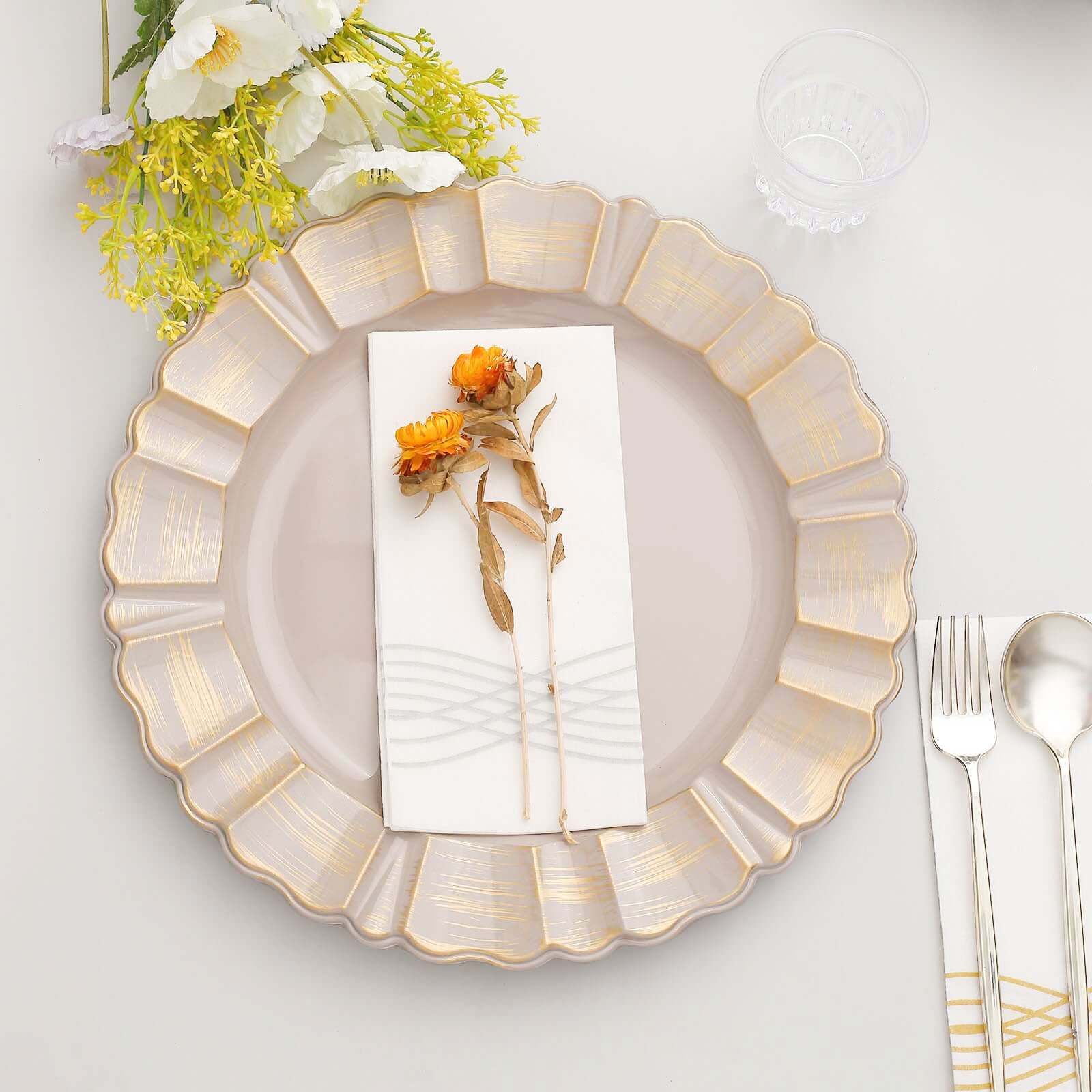 6-Pack Acrylic Plastic Round Charger Plates 13" in Nude Taupe with Gold Brushed Wavy Scalloped Rim, Decorative Dinner Party Charger Tableware