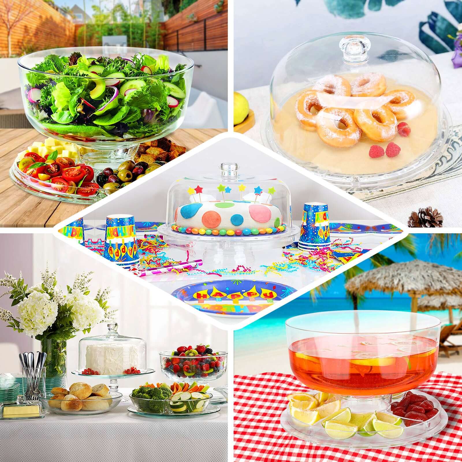 Acrylic Cake Stand with Dome Lid Clear - Multipurpose Reusable Serving Dish Platter Punch Bowl for Weddings Parties & Dessert Buffets 12"