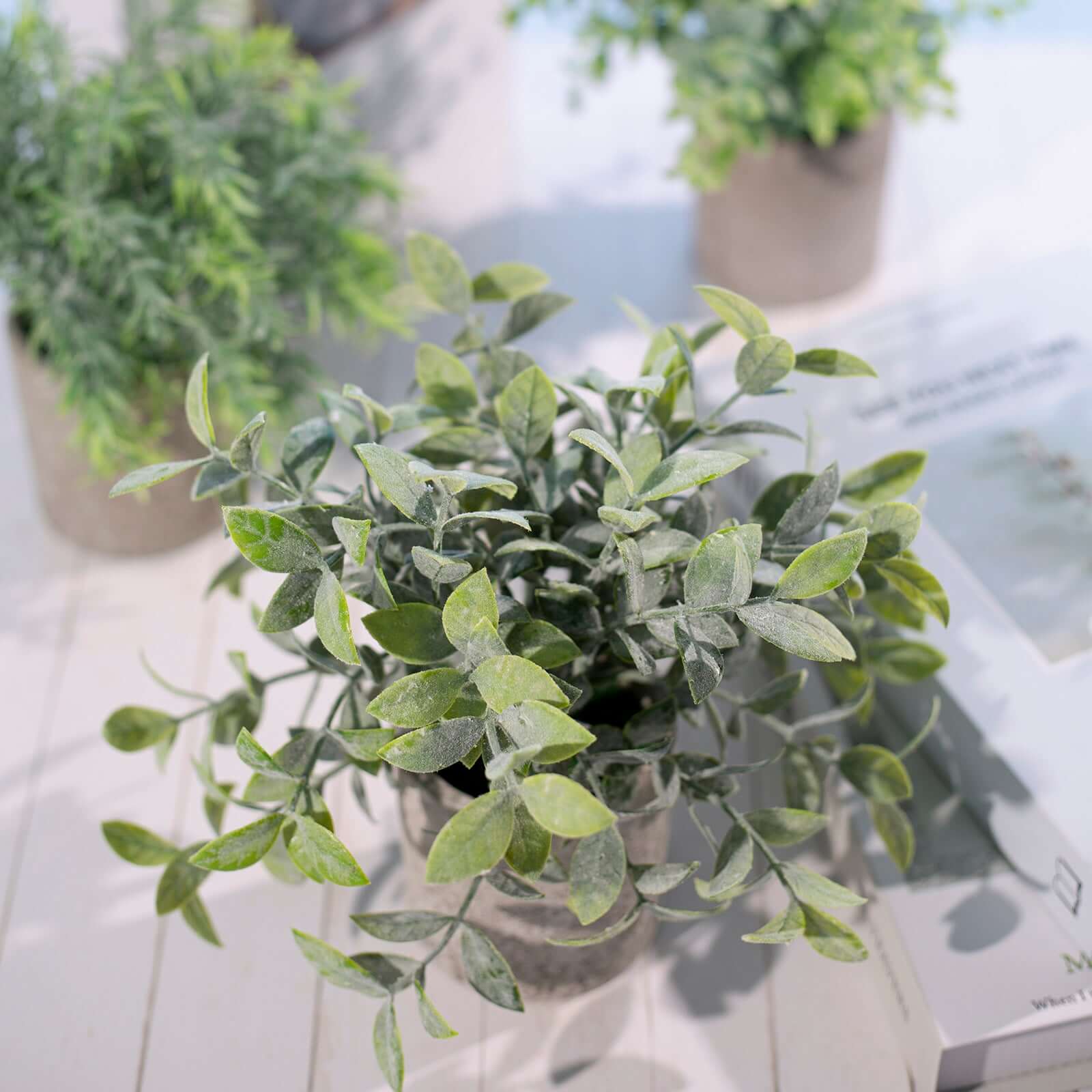 3 Plant Set Mini Potted Artificial Eucalyptus, Rosemary and Boxwood Faux Planter Collection - Small Decorative Faux Herb Garden for Desk Countertops Table Shelf Display 9"
