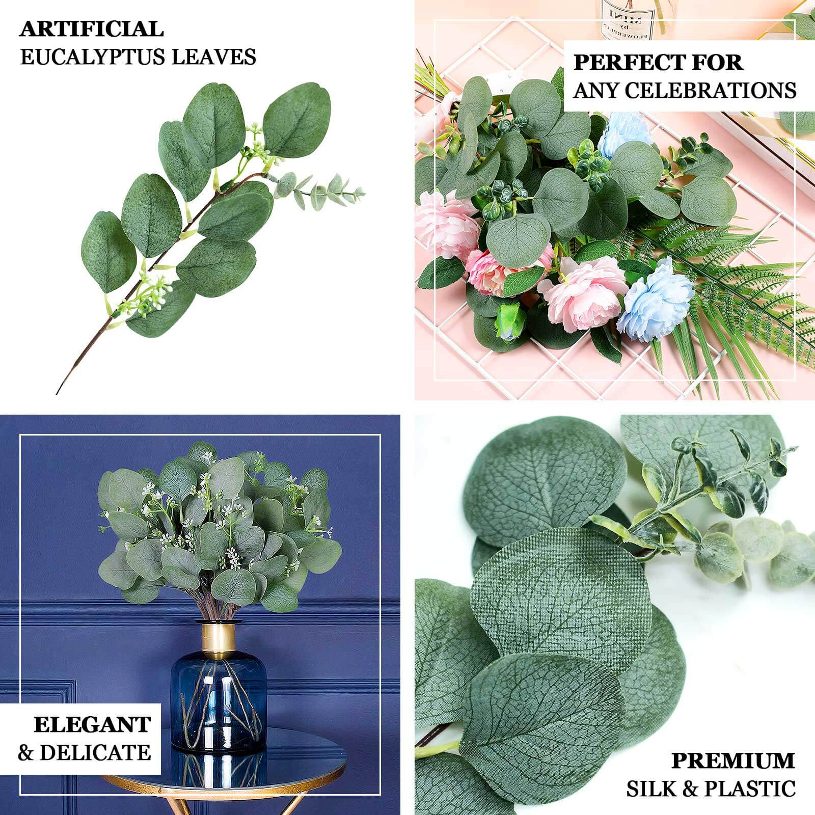 14 Stems Real Touch 12" Artificial Eucalyptus Leaf Flower Bouquet, Faux Silver Dollar Branches, Vase Floral Arrangement