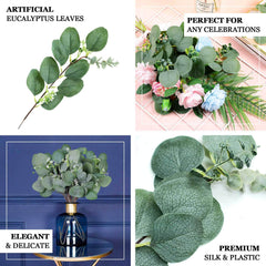 14 Stems Real Touch 12" Artificial Eucalyptus Leaf Flower Bouquet, Faux Silver Dollar Branches, Vase Floral Arrangement