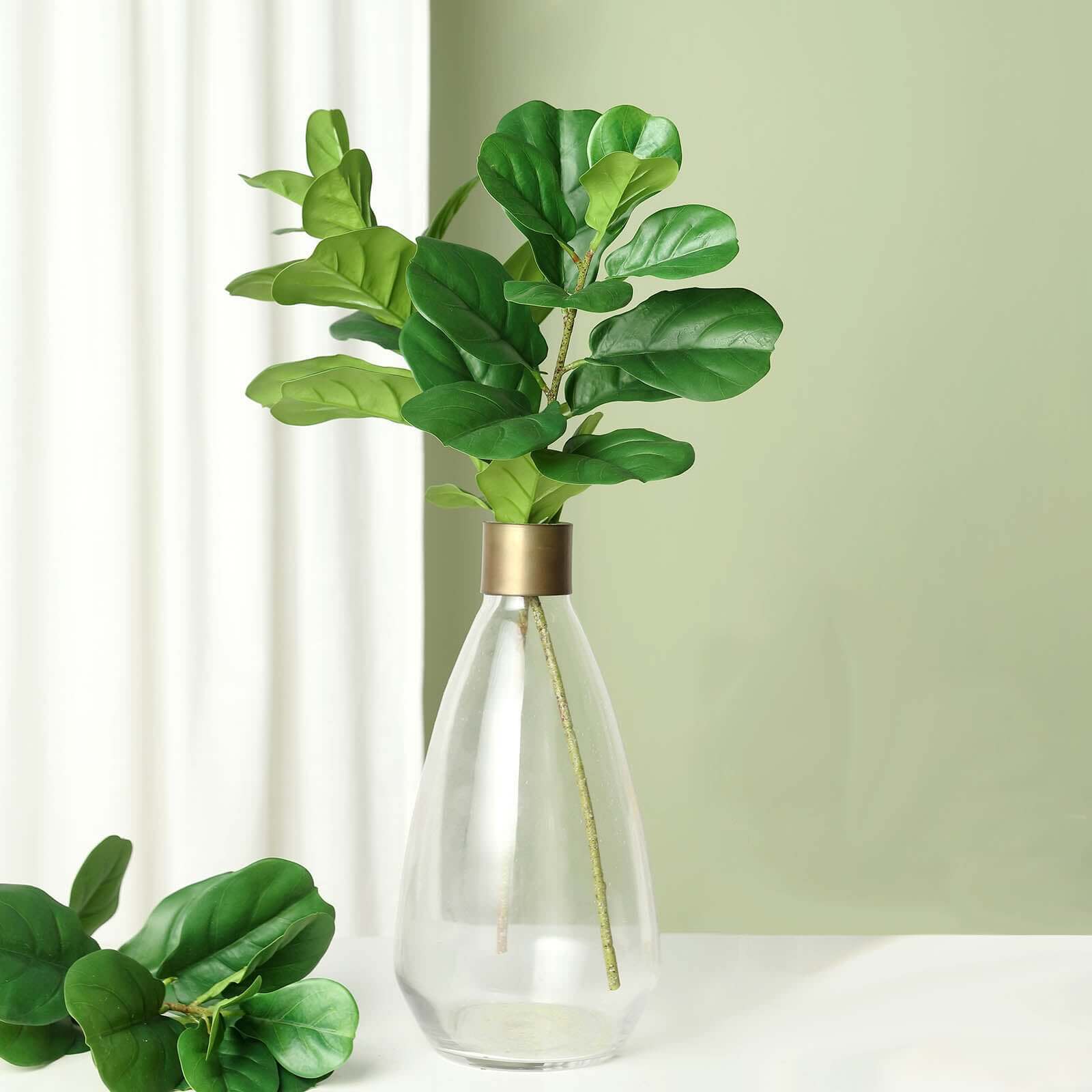 2 Bushes 25" Green Artificial Fiddle Leaf Branch Stems, Faux Plants