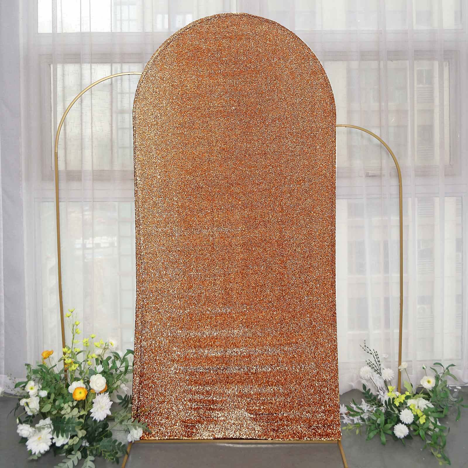 7ft Antique Gold Shimmer Tinsel Spandex Chiara Backdrop Stand Cover For Fitted Round Top Wedding Arch