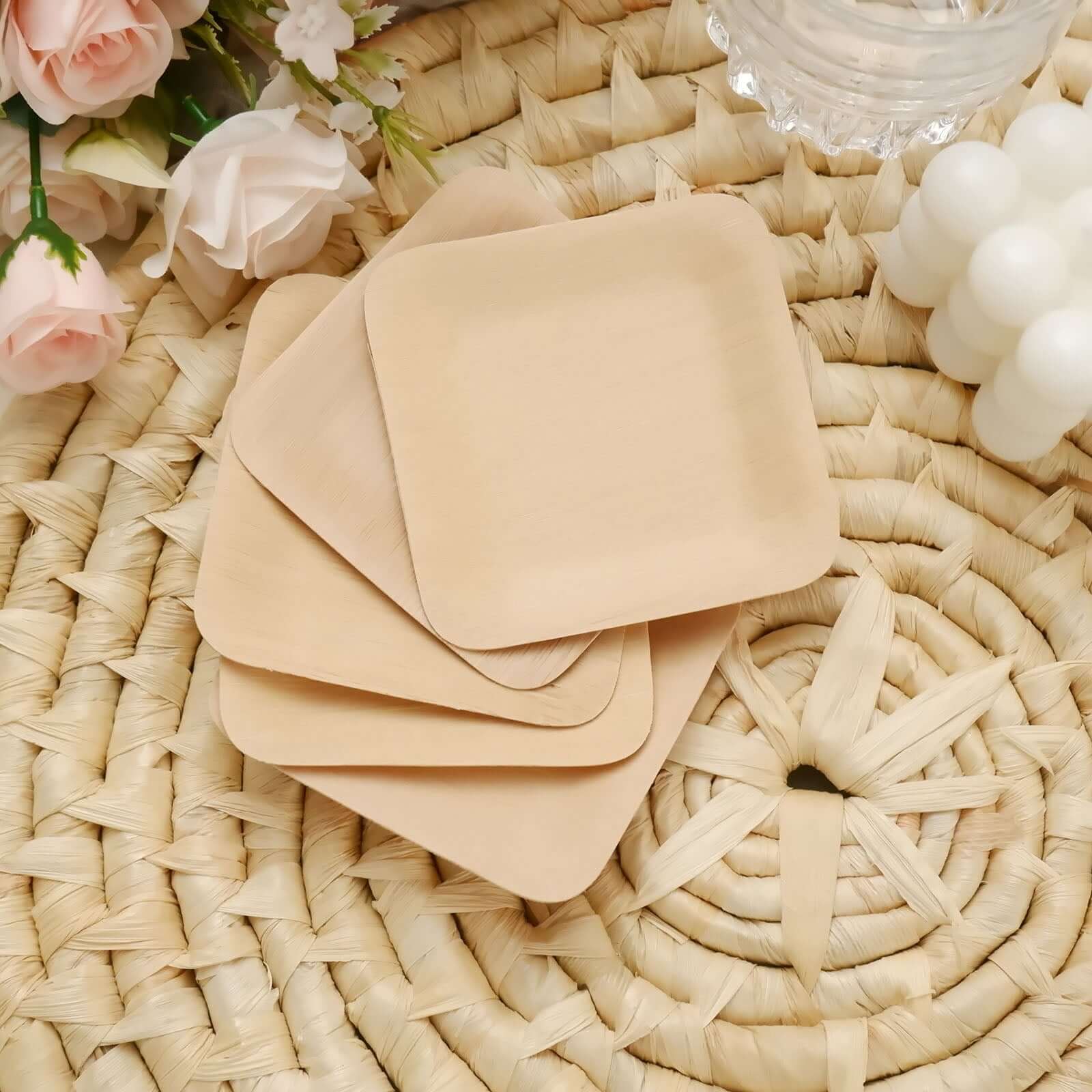 25-Pack Bamboo 3.5" Square Dessert Plates - Natural Eco Friendly Disposable Dinnerware for Farmhouse-Style Events, Parties & Gatherings