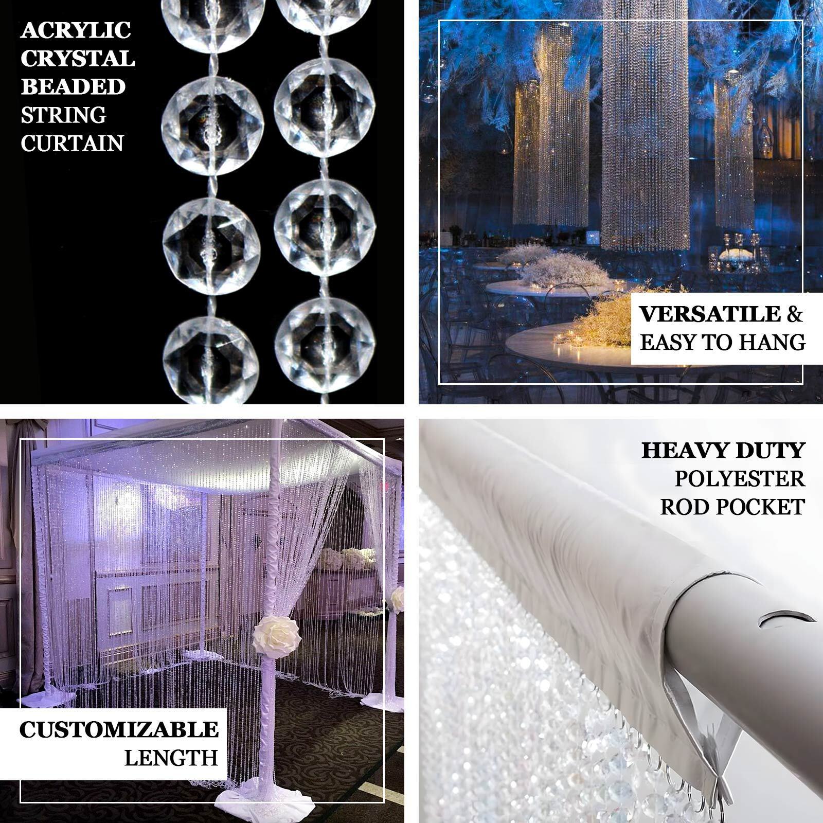 Acrylic Crystal Beaded Curtain with Fabric Rod Pocket, 43 Strands Room Divider Clear Diamond Cut Beads Doorway String Curtain - 5ftx10ft