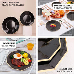 25-Pack Paper 7" Decagon Appetizer Plates in Beige with Gold Foil Rim