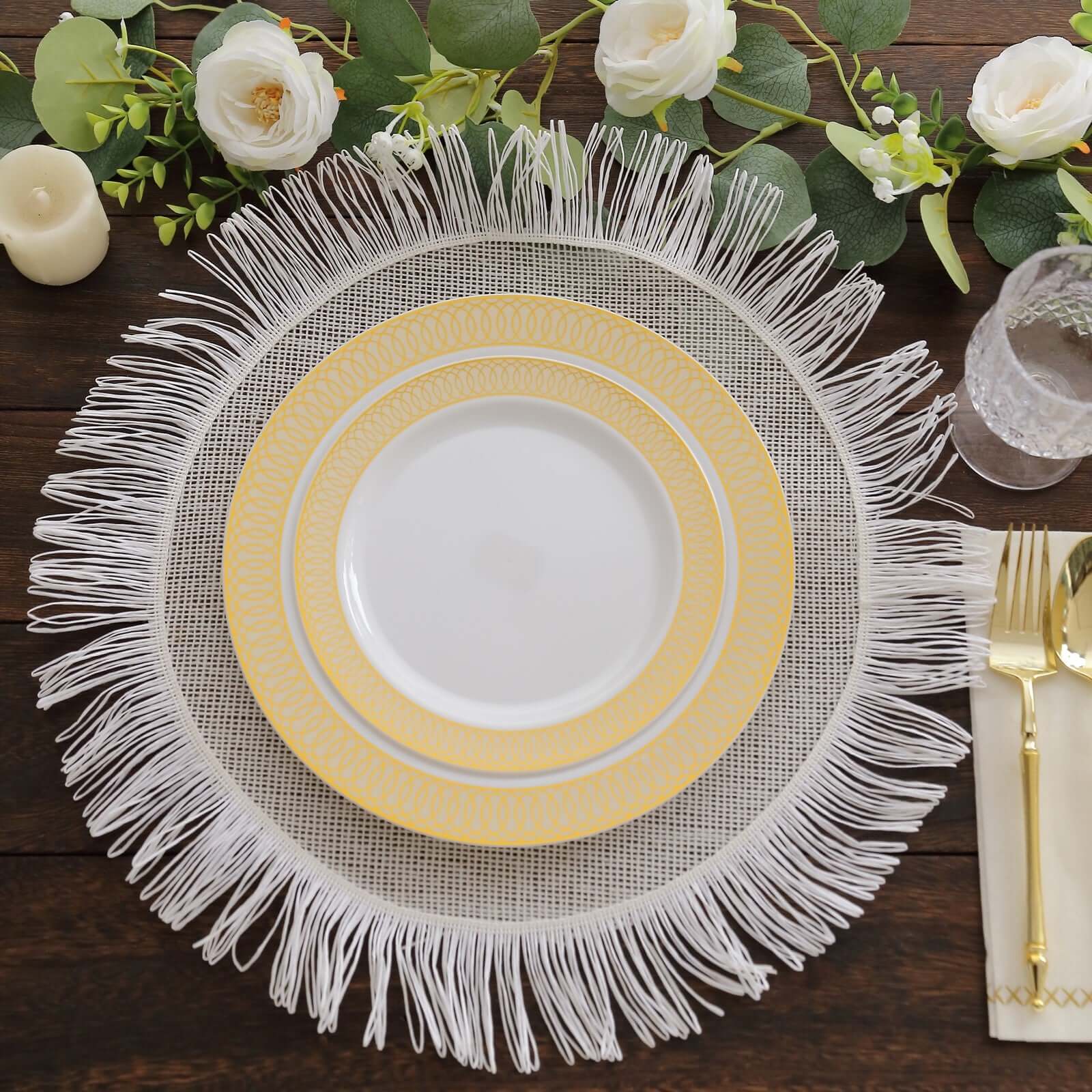 10-Pack Plastic Round Dessert Plates 7" White with Beige Gold Spiral Rim - Disposable Salad Plates