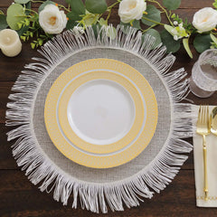 10-Pack Plastic Round Dessert Plates 7" White with Beige Gold Spiral Rim - Disposable Salad Plates