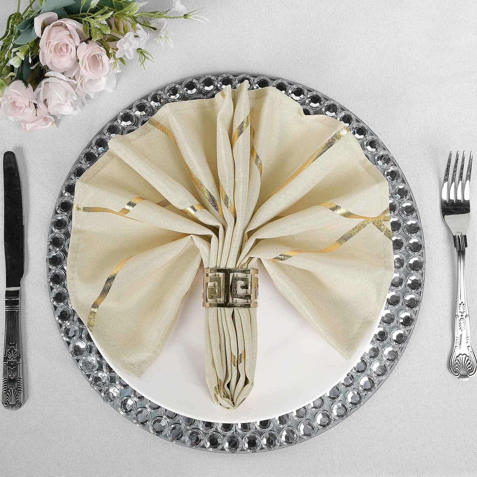 5 Pack Polyester 20"x20" Napkins Beige with Gold Geometric Foil Pattern - Modern Reusable Dinner Napkins