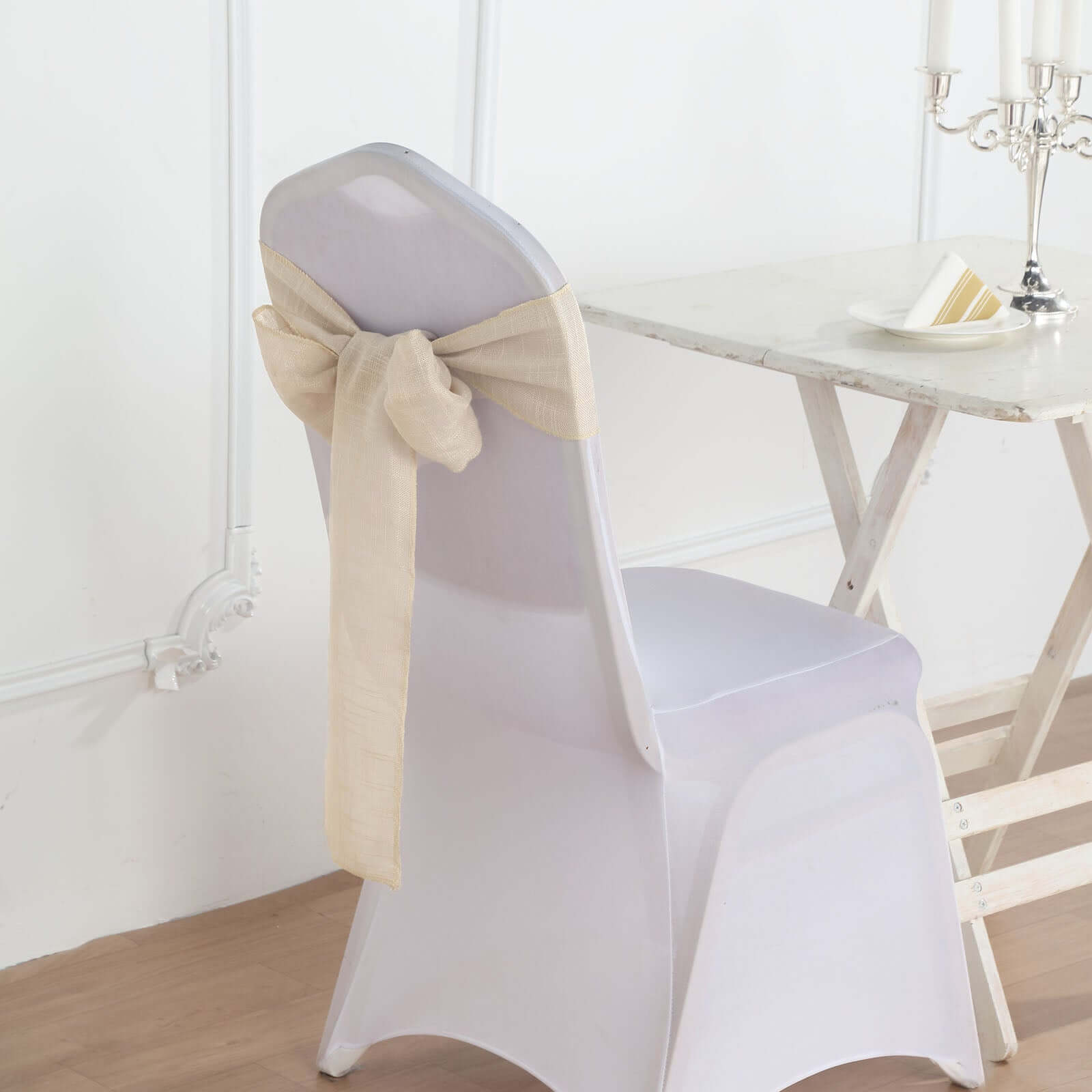 5 Pack Linen Chair Sashes 6"x108" Slubby Textured Beige - Durable Wrinkle-Resistant Decor