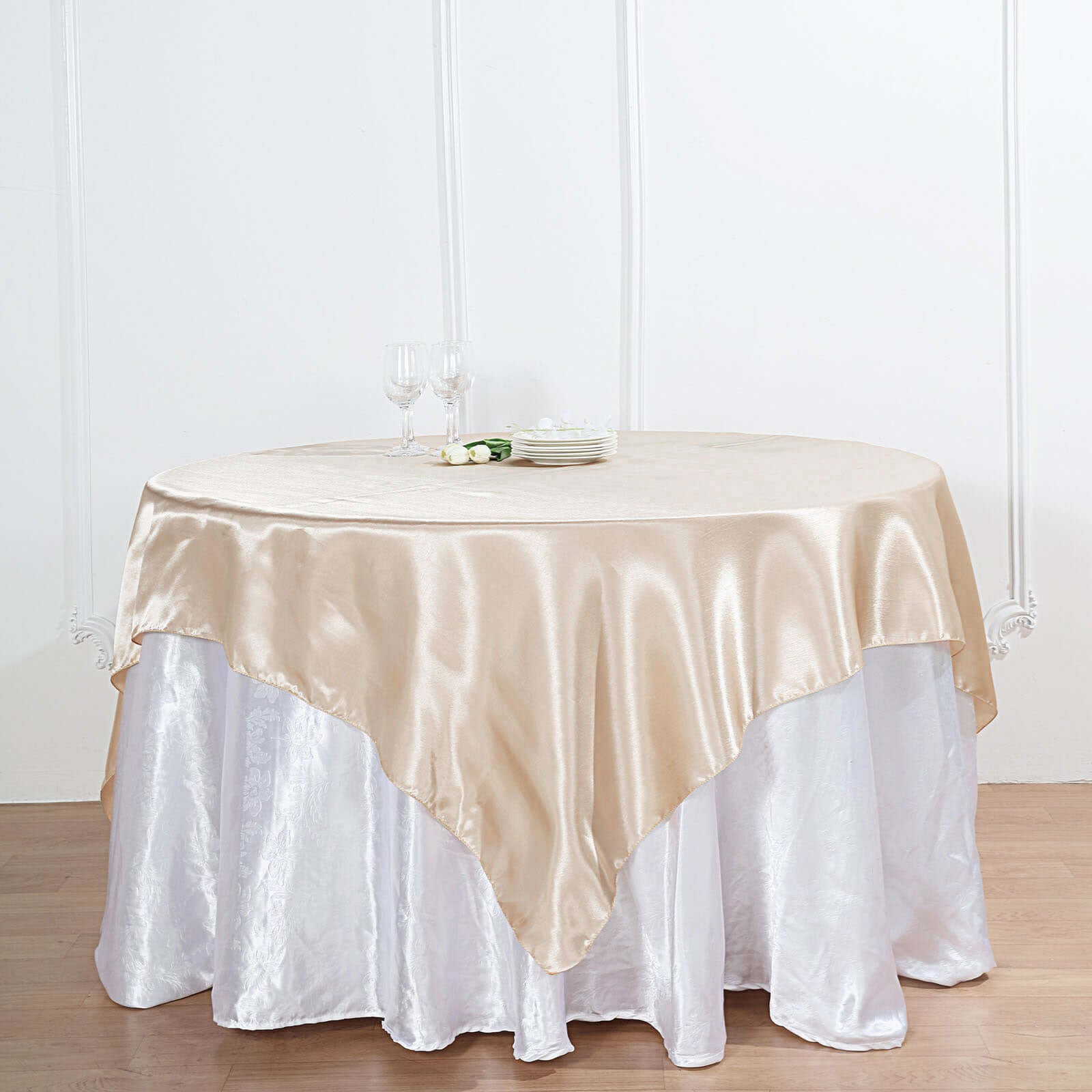 Satin 60"x60" Table Overlay Square Tablecloth Beige - Smooth Silky Touch Table Cover