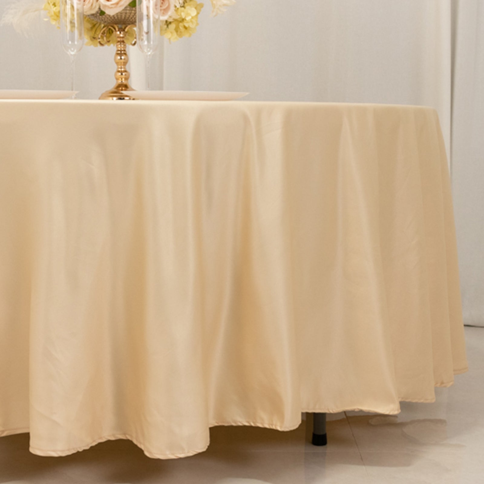 Lamour Satin 108" Round Tablecloth Beige - Durable & Silk-Like Table Cover