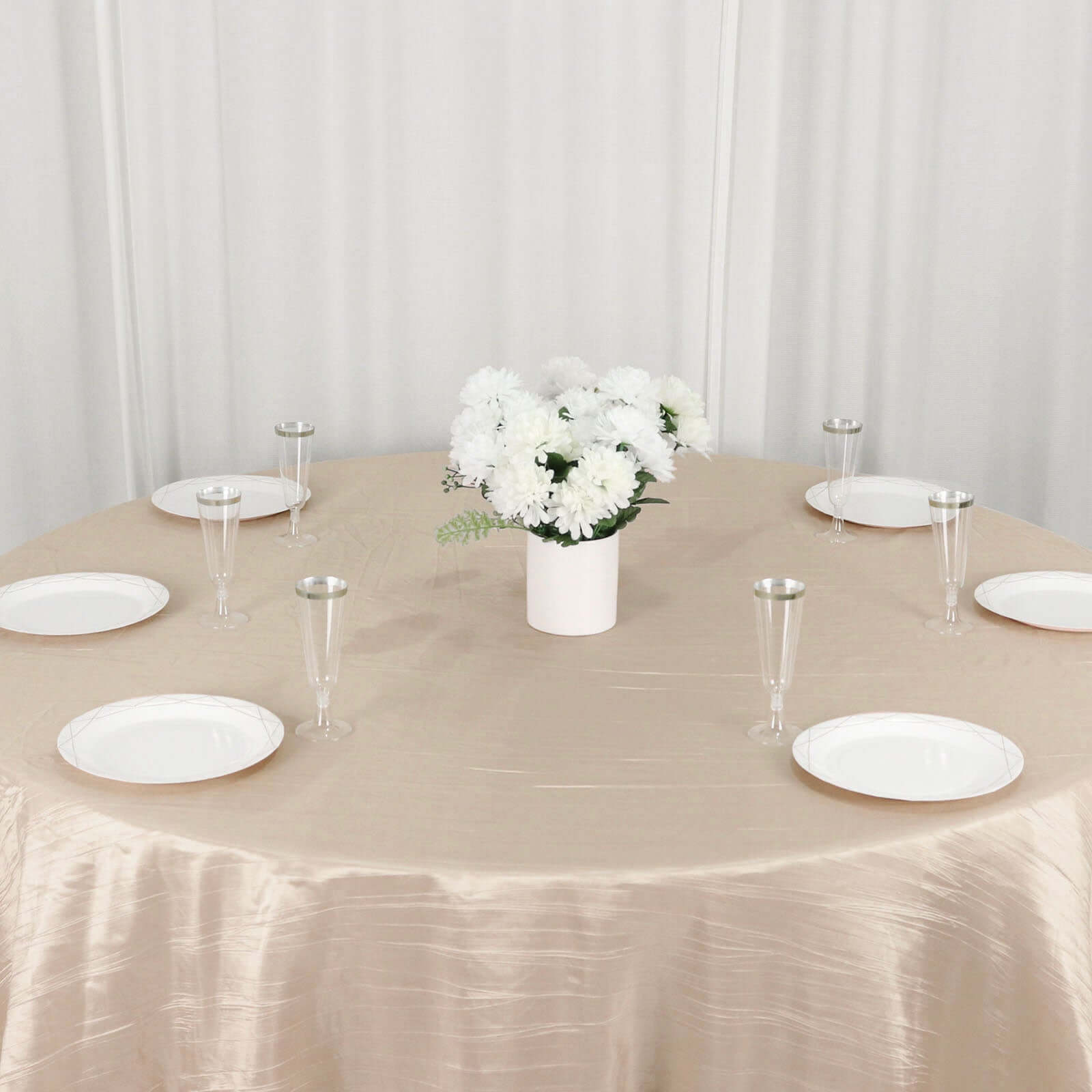 Taffeta 132" Round Tablecloth Beige - Seamless Accordion Crinkle Table Cover