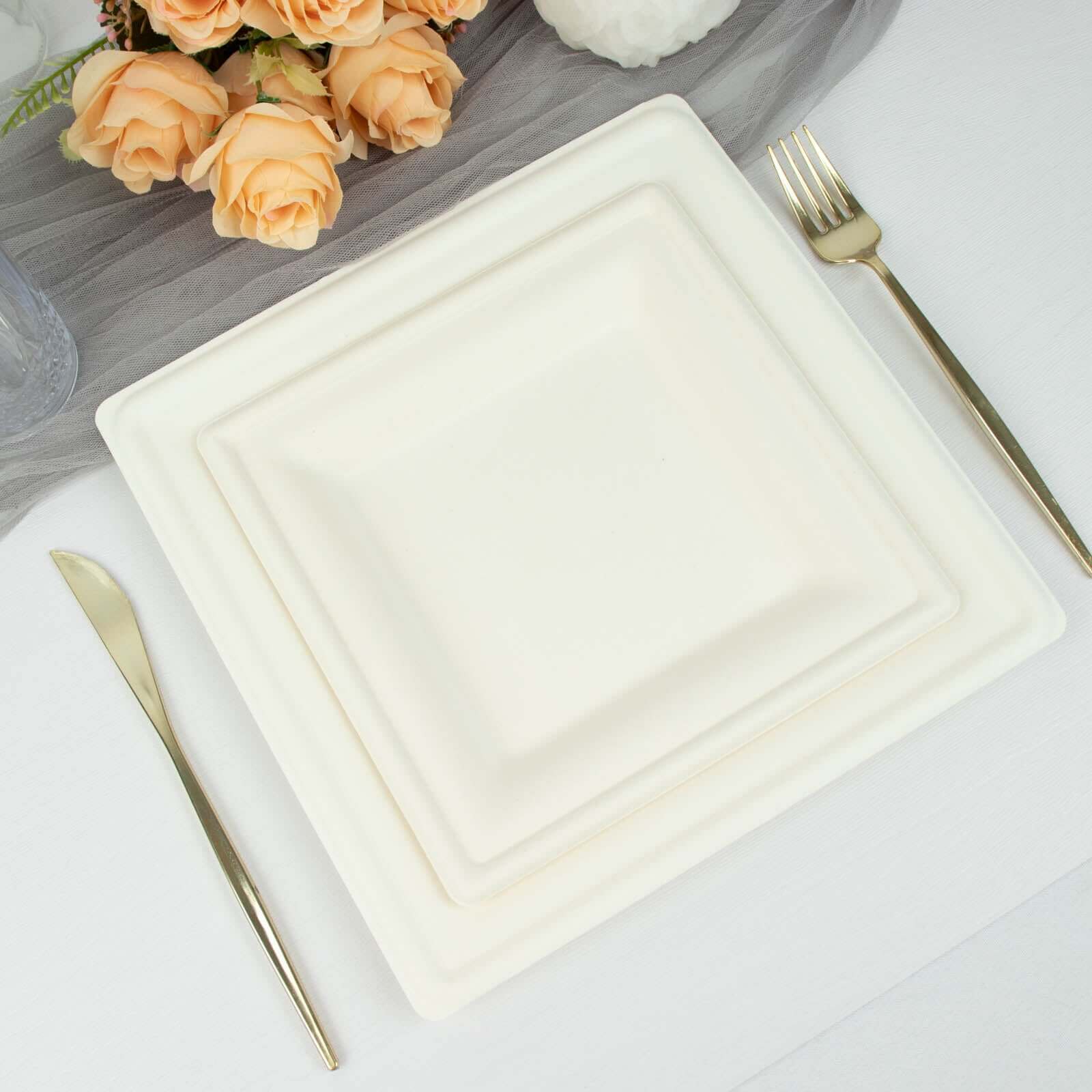 50-Pack Bagasse 8" Square Dessert Plates White with Wide Rim - Eco Friendly Sugarcane Appetizer/Salad Plates for Parties & Events