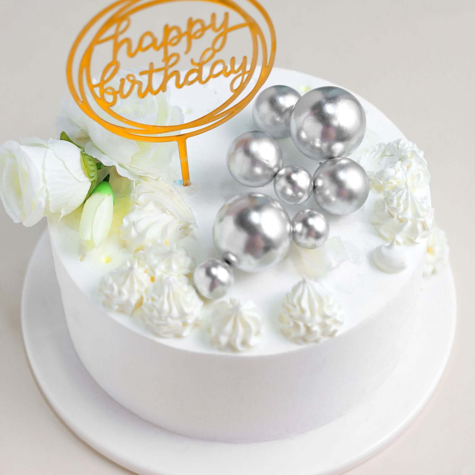12 Pcs Cake Topper Picks Faux Pearl Ball Design Silver - Foam Balloon DIY Cupcake Decor Supplies Assorted Sizes