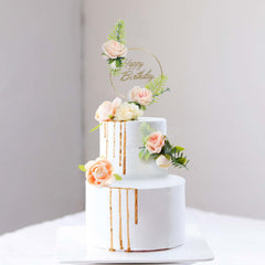3 Pcs Happy Birthday Cake Toppers with Gold Metal Frames & Clear Acrylic Panels - Charming Reusable Cake Decorations with Stylish Silk Flower Accents