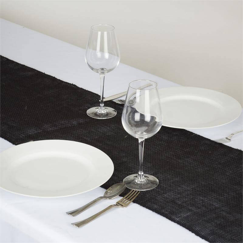 14"x108" Black Rustic Burlap Table Runner, Boho Chic Jute Linen Tabletop Decor