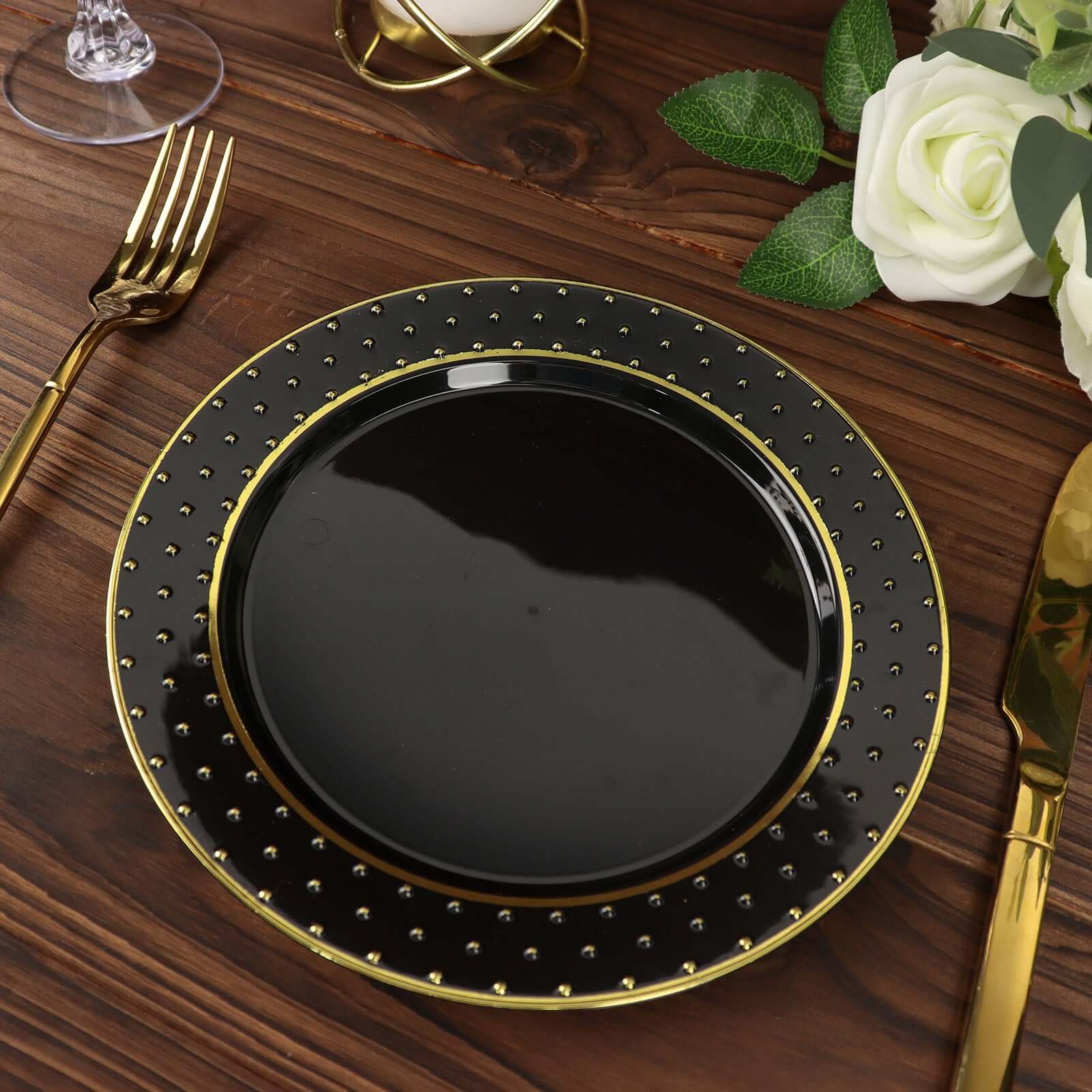 10-Pack Plastic 7.5" Round Dessert Plates in Black with Gold 3D Polka Dotted Rim - Durable Disposable Appetizer Salad Plates for Modern Themed Events & Banquets