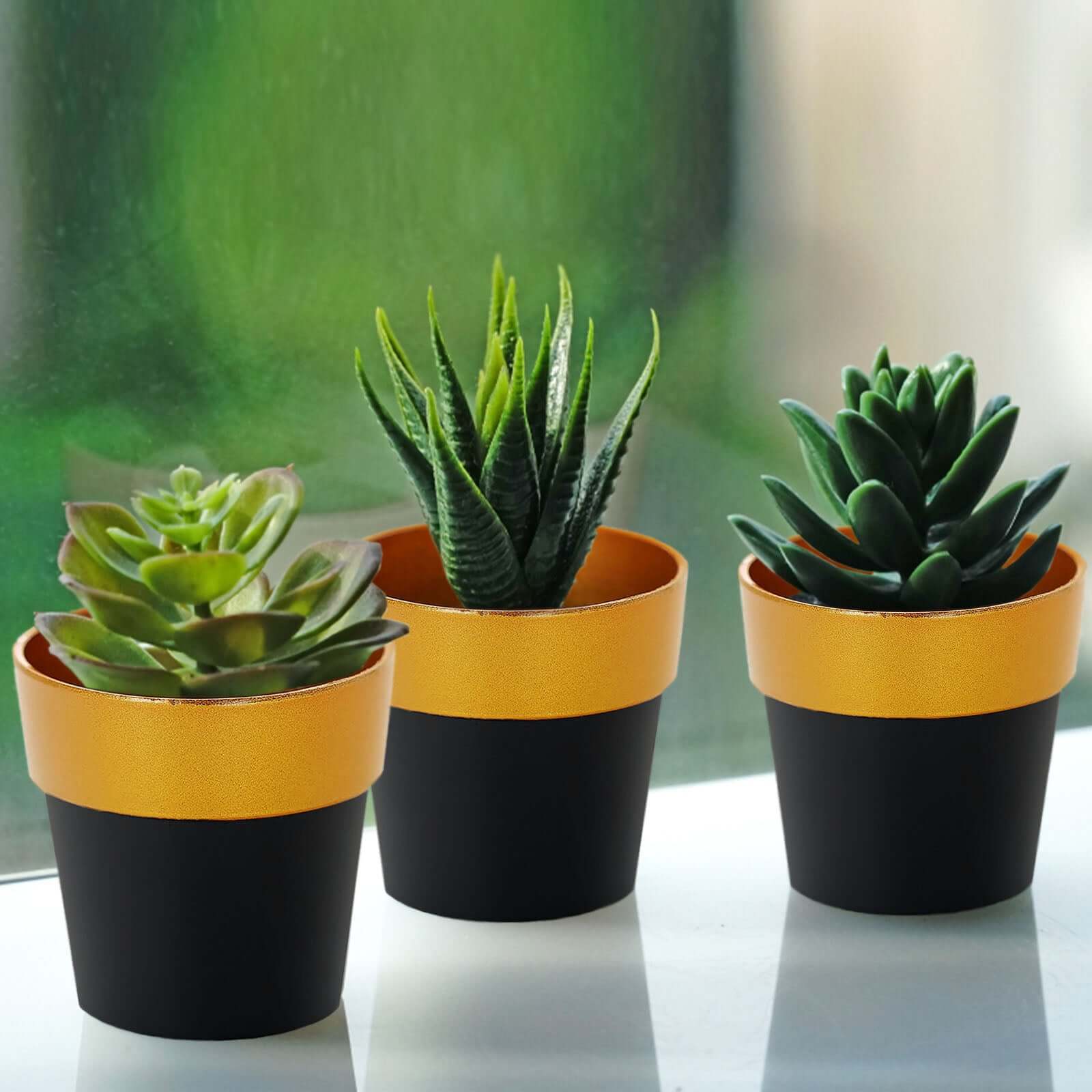 3-Pack Flower Plant Pots Small Design Black with Gold Rim - Plastic Indoor Decorative Planters 3"