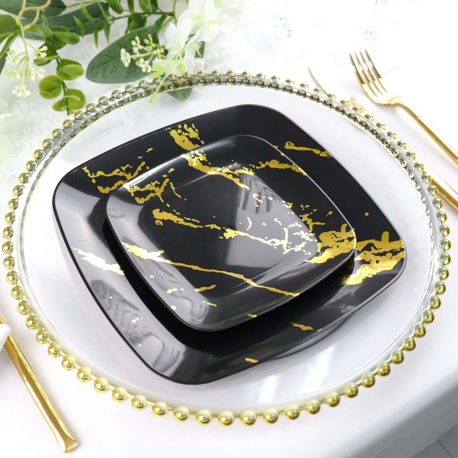 10-Pack Plastic 8" Square Dessert Plates in Black with Gold Marble Design - Disposable Appetizer Salad Party Plates