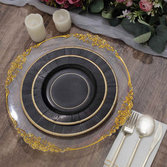 25-Pack Paper 8" Round Dessert Plates in Black Sunray Design with Gold Rim - Disposable Heavy Duty 350GSM Appetizer Salad Plates