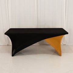 Stretch Spandex 72"x30" Rectangle Table Cover Black/Gold Cross Over Design - Two-Piece Fitted Tablecloth with Elastic Foot Pockets