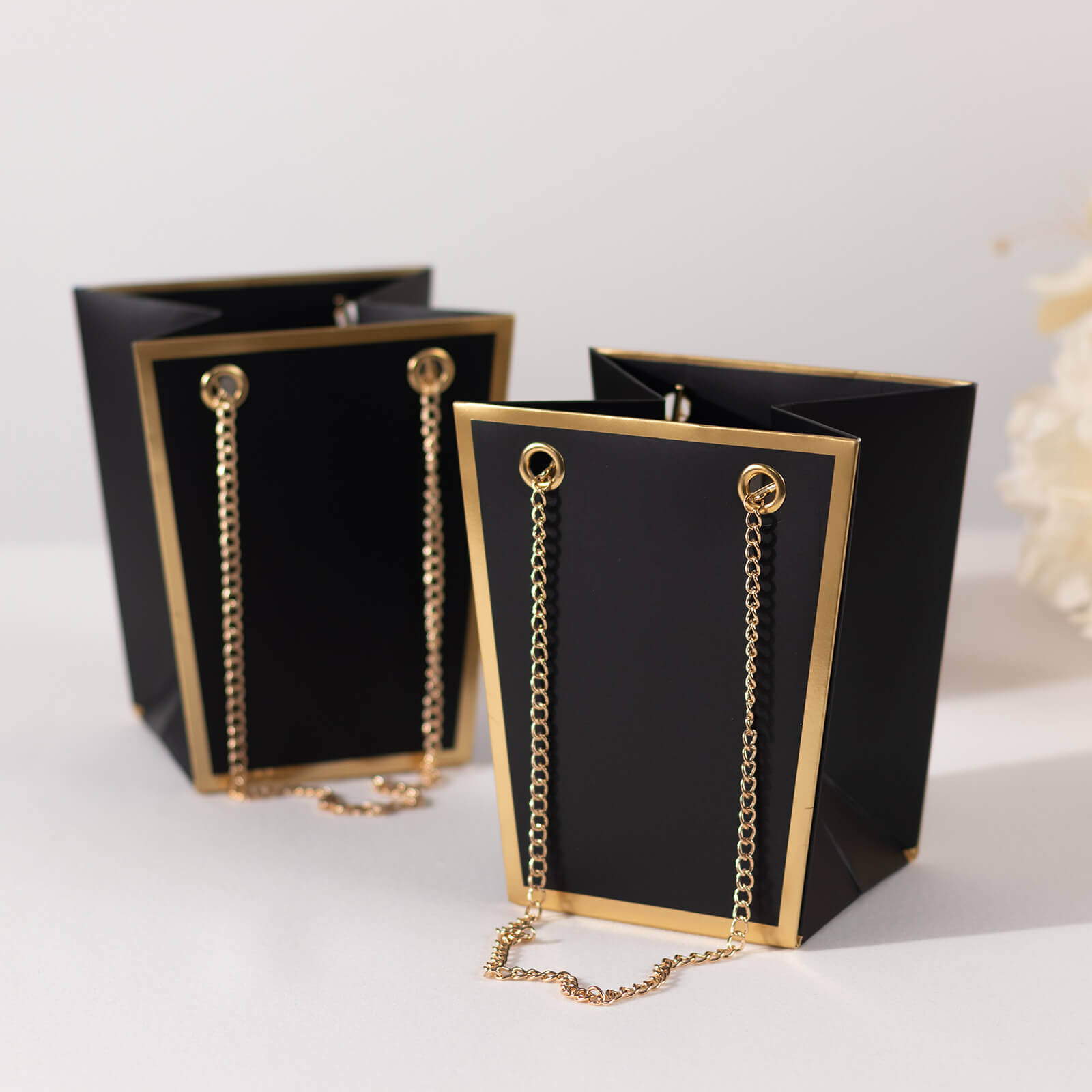 6 Pack Black Gold Edge Paper Flower Gift Bags With Metal Chain Handles, Trapezoid Party Favor Tote Bags - 5"x6"