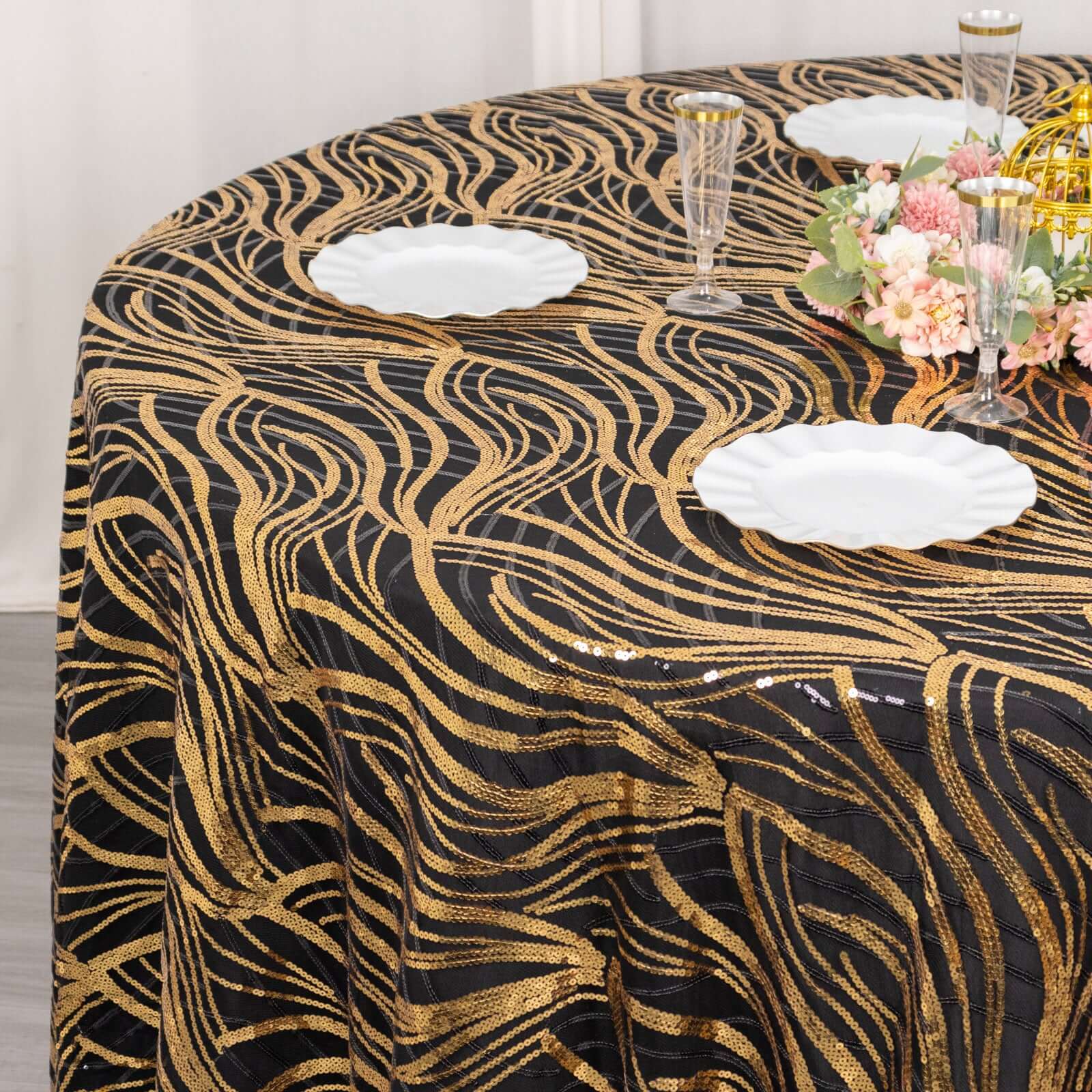 Sequin Mesh 120" Round Tablecloth Black/Gold - Seamless Wave Embroidered Table Cover
