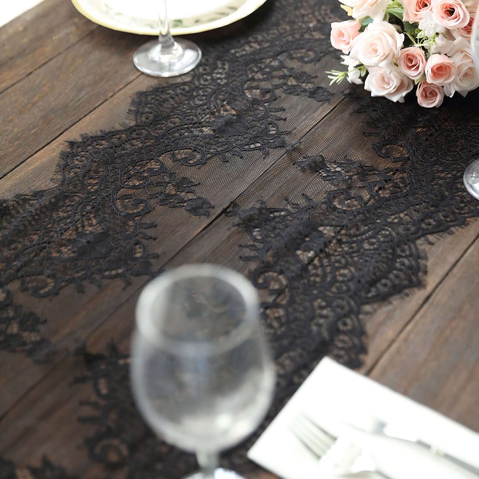 Premium Lace Fabric 15"x117" Table Runner Black - Scalloped Lace Elegance