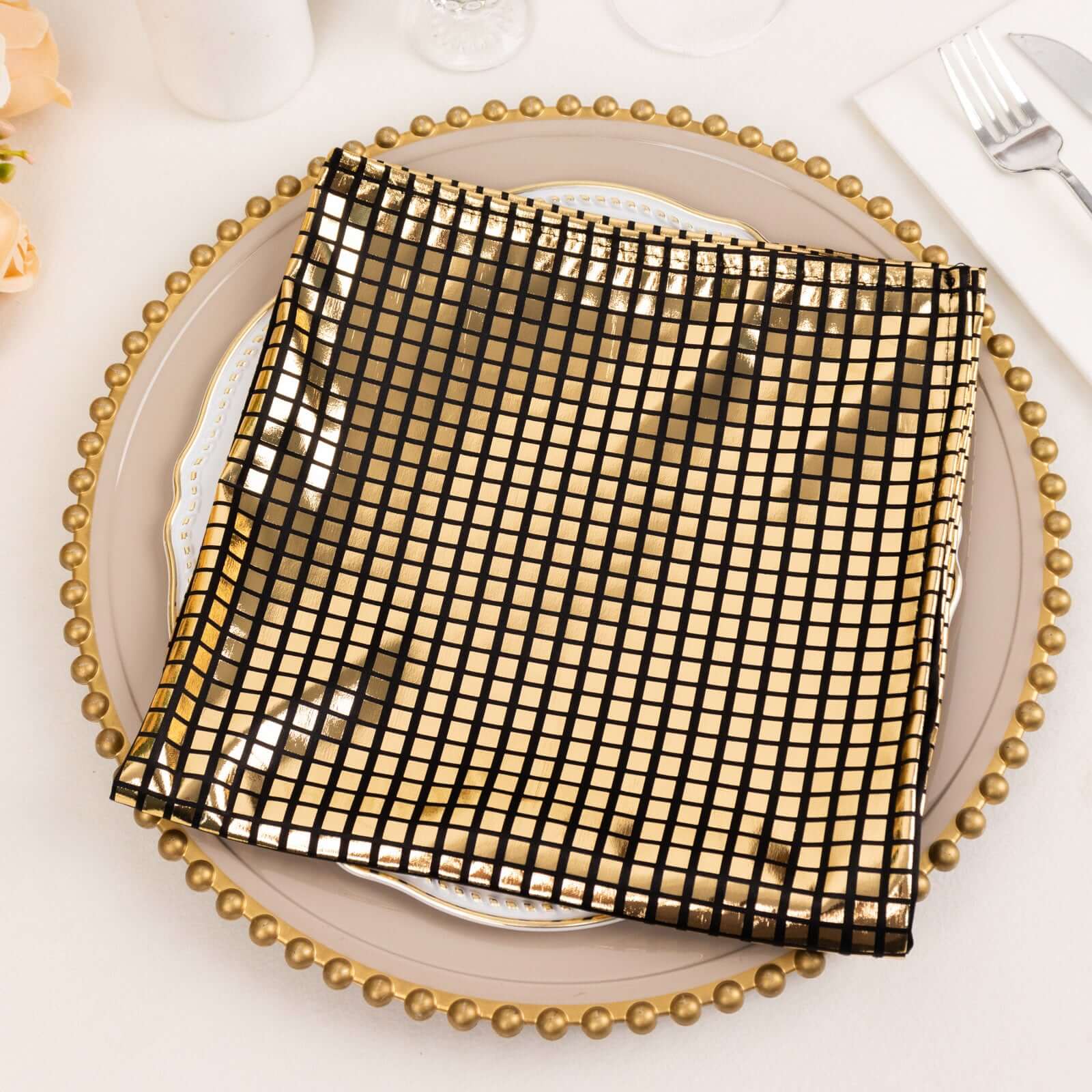 5 Pack Polyester 20"x20" Napkins Black with Refelective Gold Foil for Luxe Events & Retro Themes