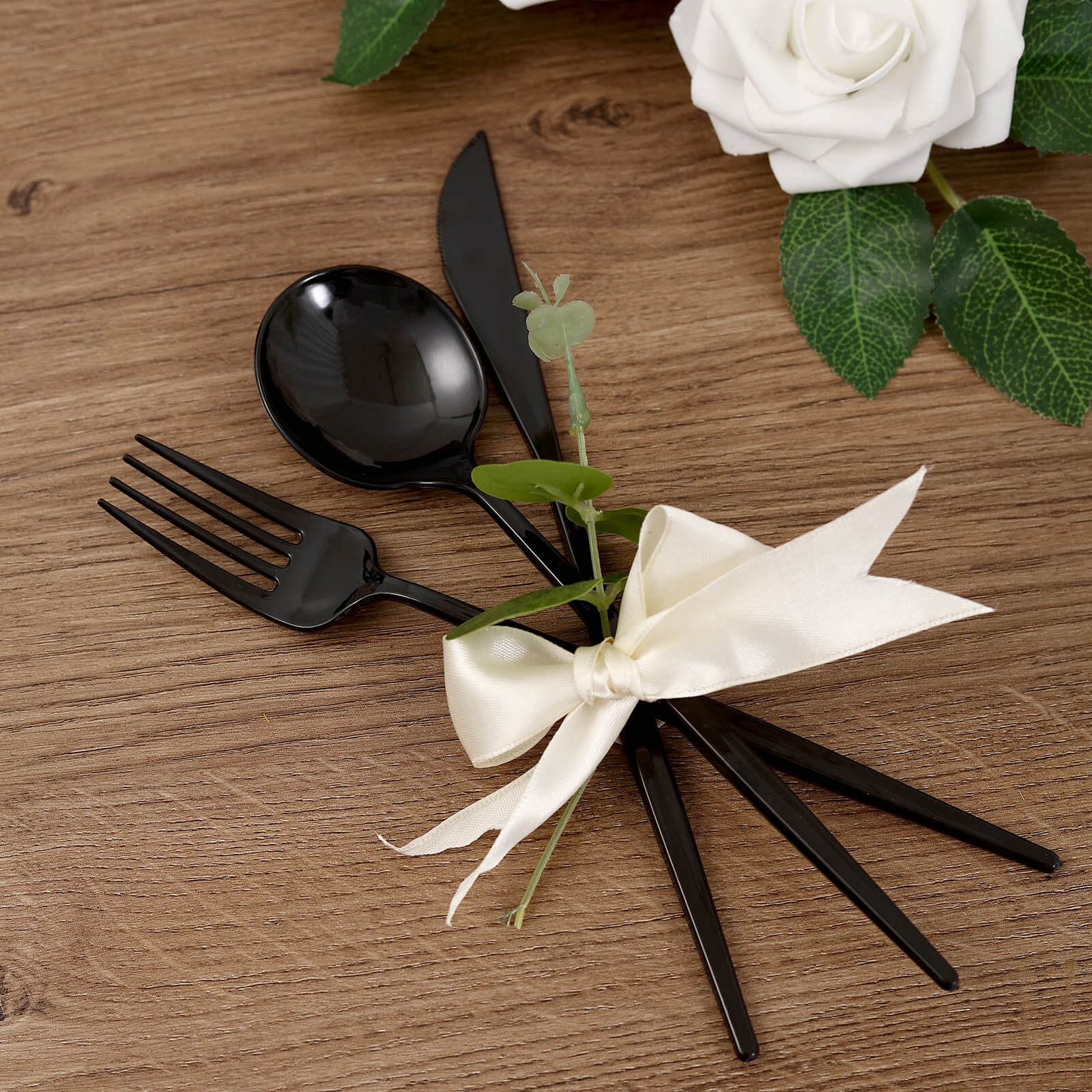 24-Pack Plastic Flatware Set with Sleek Modern Design Black - Premium Disposable Silverware 8"