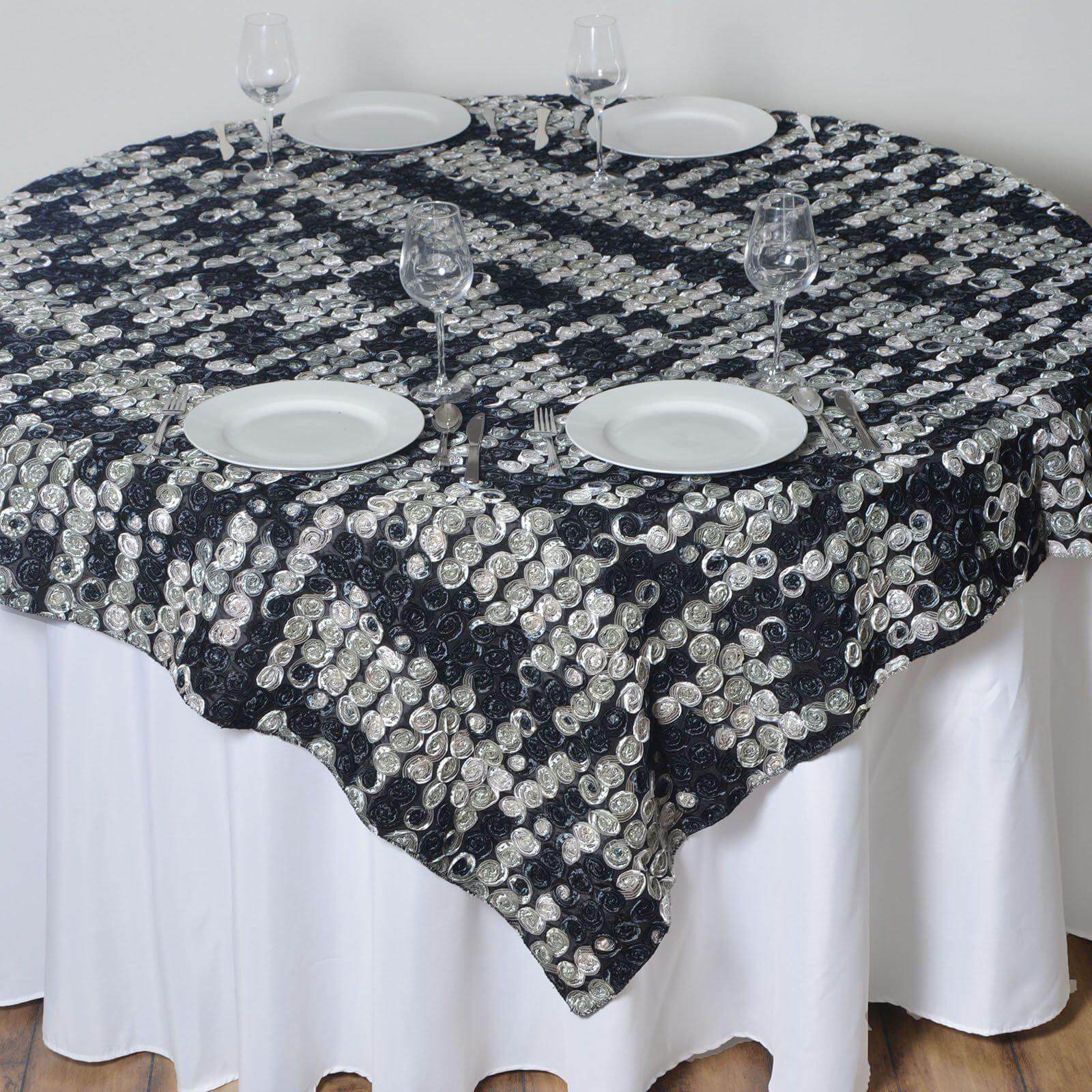 Satin 72"x72" Table Overlay Black 3D Mini Rosette Design - Sophisticated Decor for Special Events