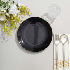 10-Pack Plastic 8" Round Dessert Plates in Black with Gold Rim - Glossy Disposable Appetizer Salad Plates