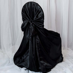 Satin Chair Cover Self-Tie Universal Design Black - Durable Slip-On Cover for Folding, Dining, Banquet & Standard Chairs