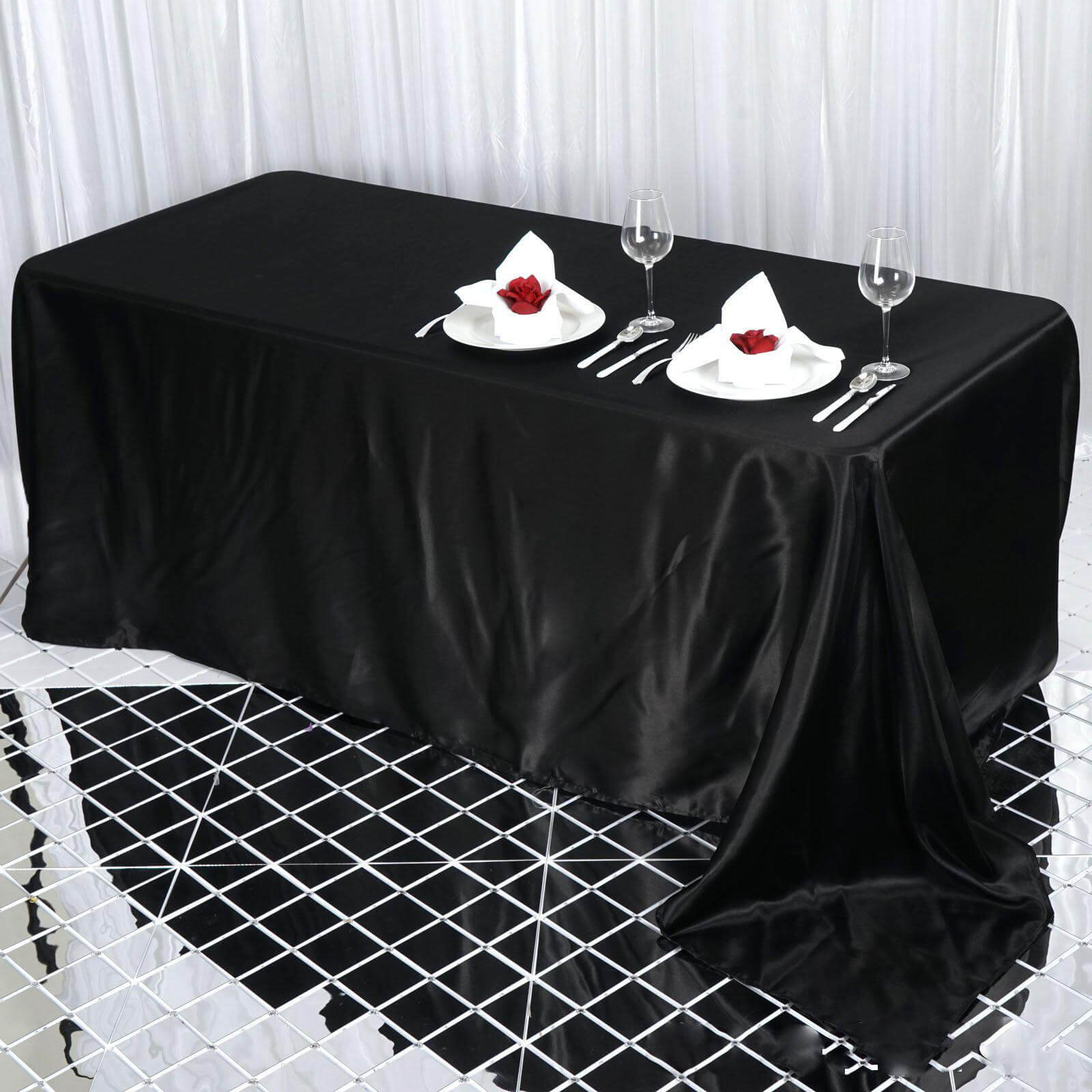 Satin Rectangular 90"x132" Tablecloth Black Satin - Seamless Stylish Table Cover for Weddings and Parties